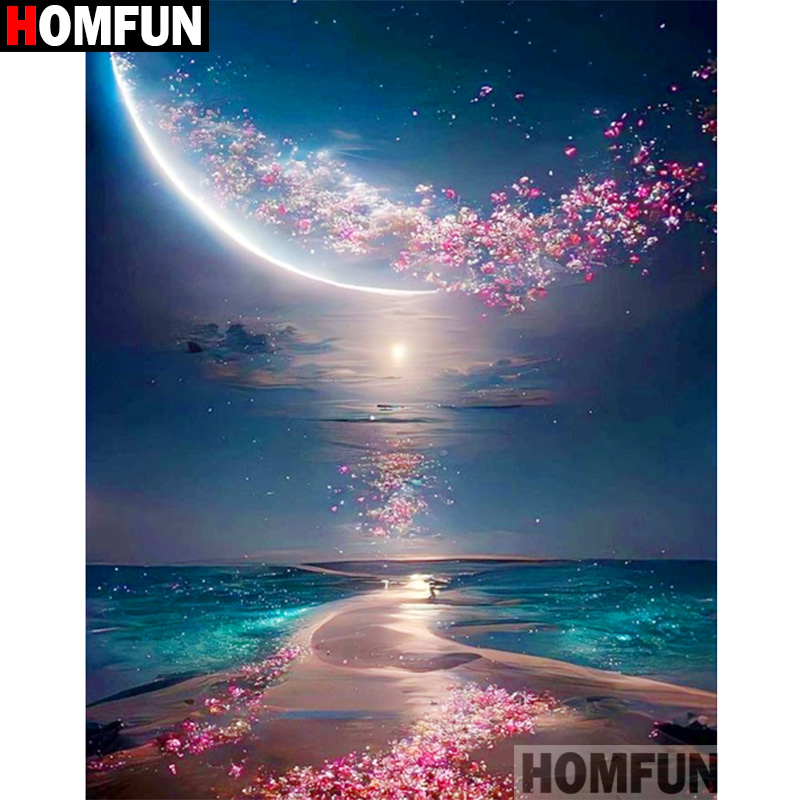 Embroidery Roll Pattern - Homfun-ラインストーンで飾る5d,日曜大工のダイヤモンド絵画,クロスステッチ,風景,ビーチ,月,刺diamond