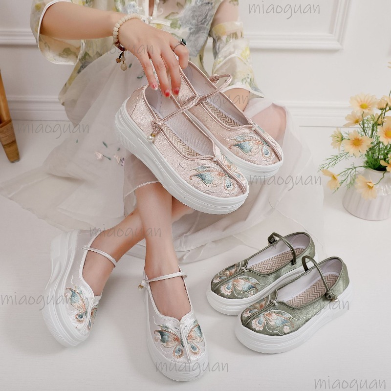Embroidery Style - 女性の中国風の刺繍入りプラットフォームメリージェーンズバタフライ厚底シューズアンクルストラップ快適なカジュアルエスニックスニーカー