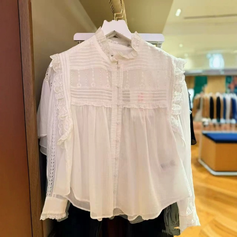 Embroidery Eyelet - レディース ラッフル モックネック ノースリーブ ブラウス レース