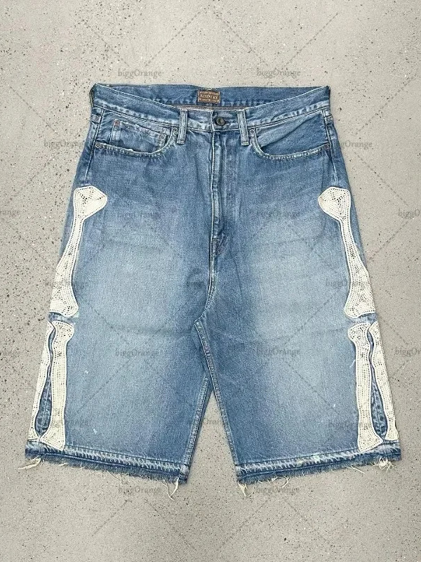 Embroidery Font - Deeptown Y2k ヴィンテージ原宿デニムショートパンツ女性ウォッシュレター刺繍タッセルアメリカンレトロジーンズ男だぶだぶのヒップホップジョーツ
