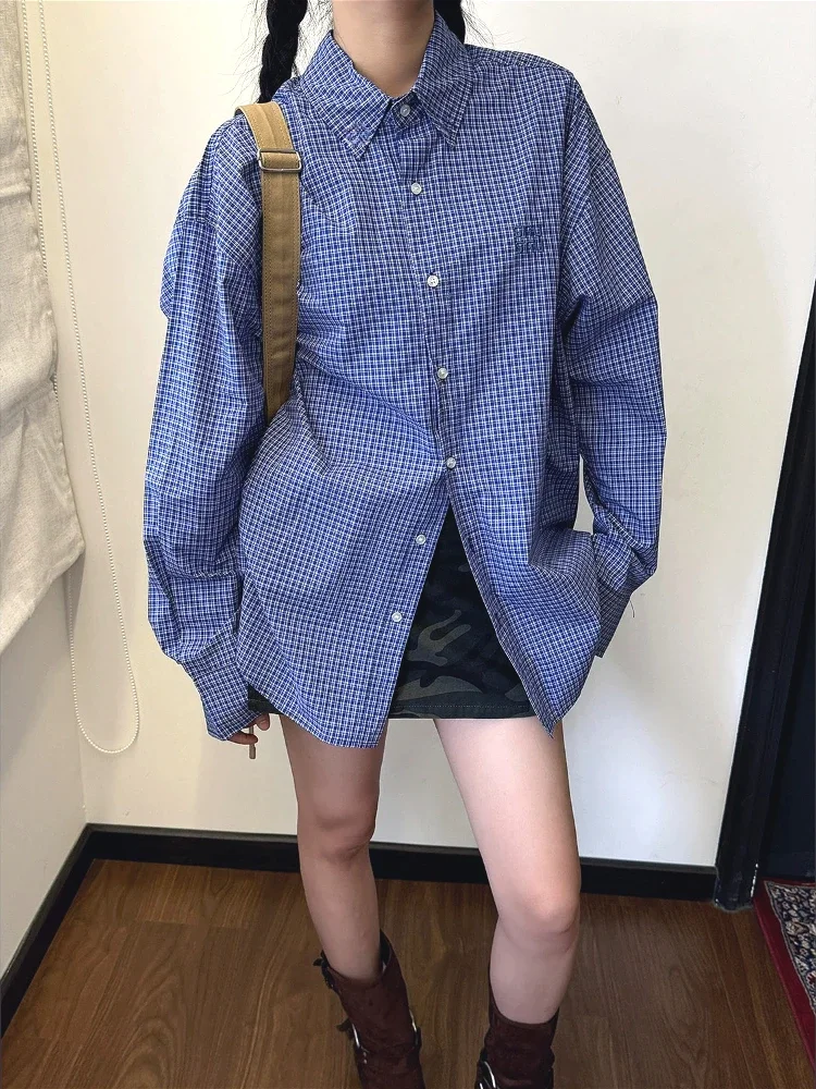Embroidery Font - ヴィンテージブルーチェック柄シャツ女性のための原宿レター刺繍チェックブラウス女性特大韓国ファッションカミーサ服