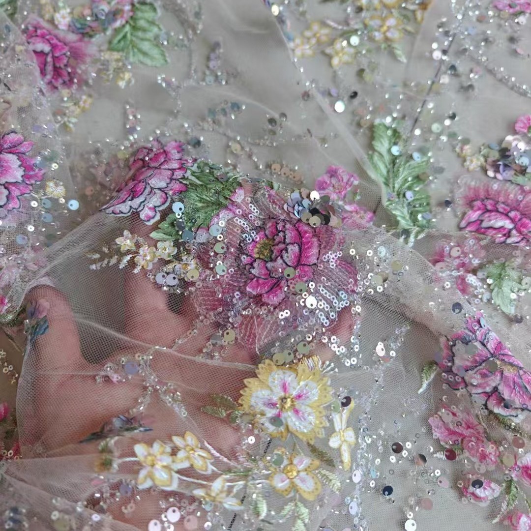 Embroidery Underlay - 1 メートル 120 センチメートル幅高級ビーズレース生地 3D 刺繍スパンコールスプレー塗装ソフトチュールメッシュテキスタイルドレス作成用