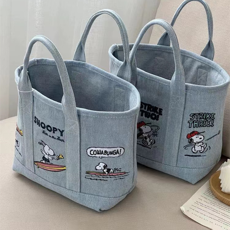 Embroidery Workshop - 新しいスヌーピーコミックデニムトートバッグ、学校や仕事用の大容量キャンバスショルダーバッグ、かわいい漫画刺繍トラベルハンドバッグ