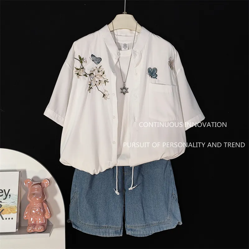 メンズ3点セット 中華風刺繍半袖シャツ タンクトップ デニム - Embroidery Style のレビューと価格
