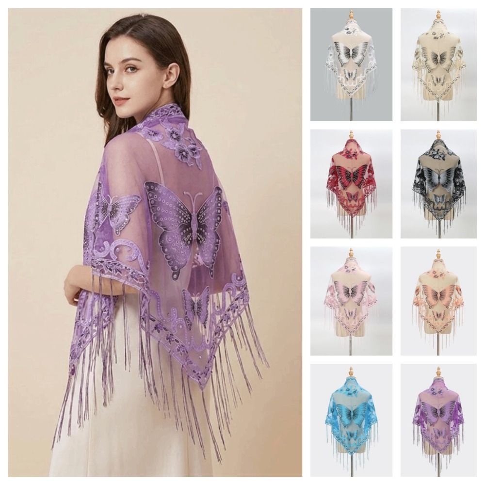 高級フラワーレース中空スカーフ蝶刺繍タッセル三角ショールラッ - Embroidery Underlay のレビューと価格