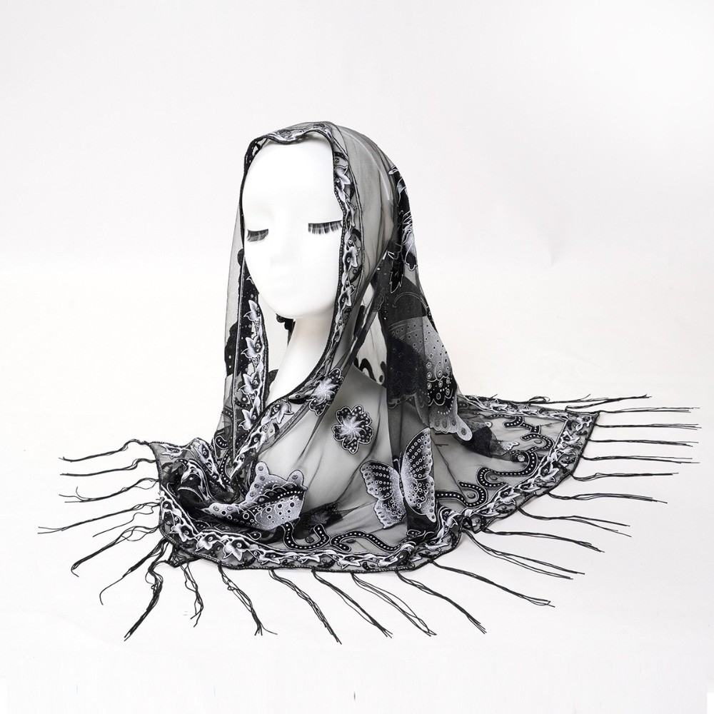 高級フラワーレース中空スカーフ蝶刺繍タッセル三角ショールラッ - Embroidery Underlay のレビューと価格