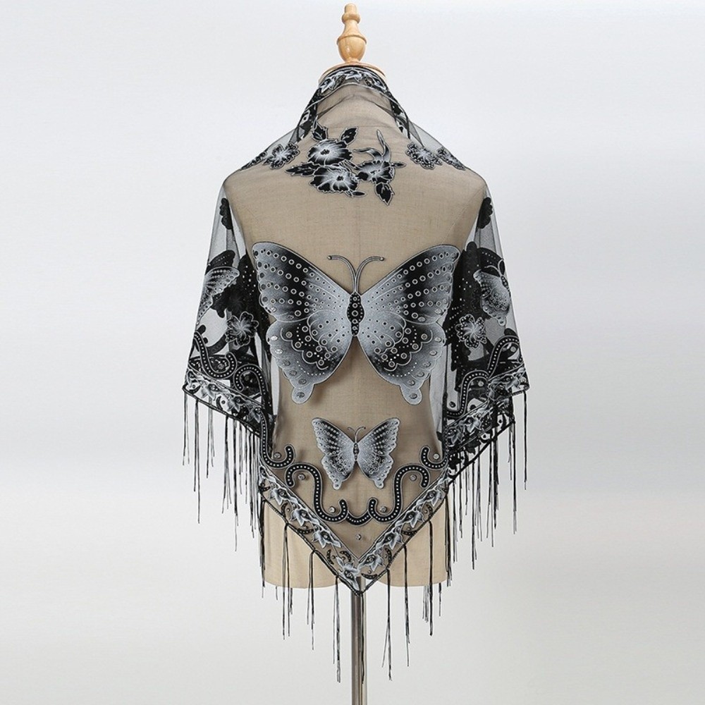 高級フラワーレース中空スカーフ蝶刺繍タッセル三角ショールラッ - Embroidery Underlay のレビューと価格