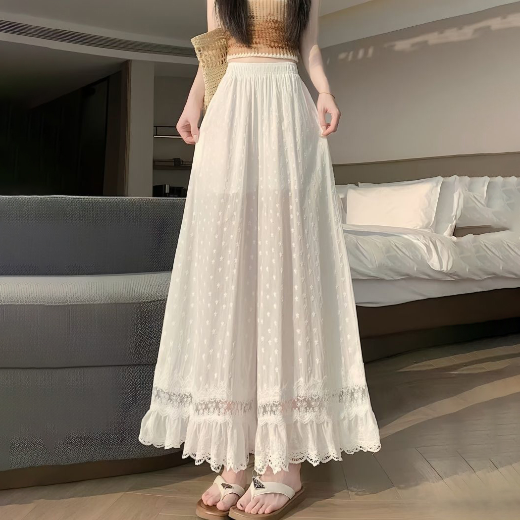 女性用ホワイト弾性ハイウエストワイドレッグパンツ、スターエン - Embroidery Eyelet のレビューと価格