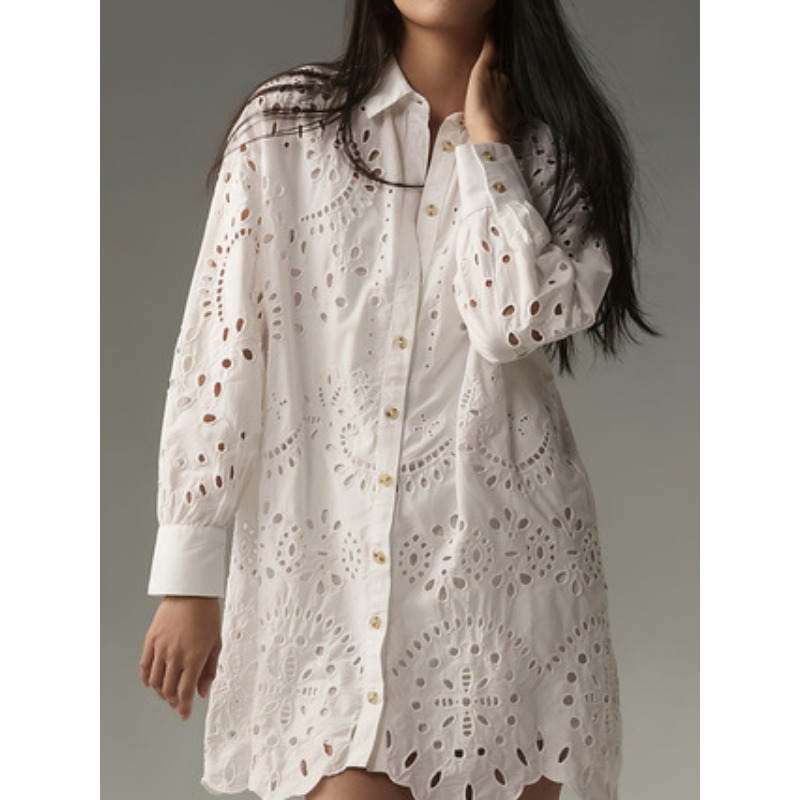 女性ソリッドアイレット刺繍シャツドレスラペル半袖ルーズボタン - Embroidery Eyelet のレビューと価格
