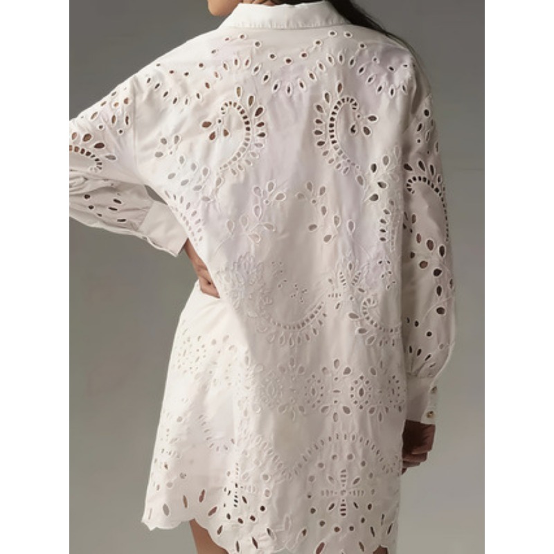 女性ソリッドアイレット刺繍シャツドレスラペル半袖ルーズボタン - Embroidery Eyelet のレビューと価格