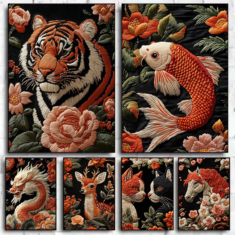 1枚 刺繍風アートアニマルポスター 花柄 ドラゴン 鯉 虎  - Embroidery Canvas のレビューと価格