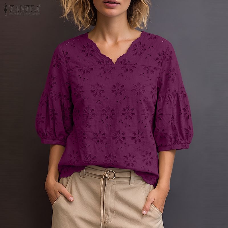 ZANZEA 2026 アイレット刺繍ブラウス女性 V ネッ - Embroidery Eyelet のレビューと価格