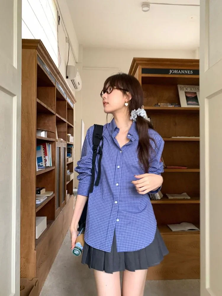 ヴィンテージブルーチェック柄シャツ女性のための原宿レター刺繍 - Embroidery Font のレビューと価格