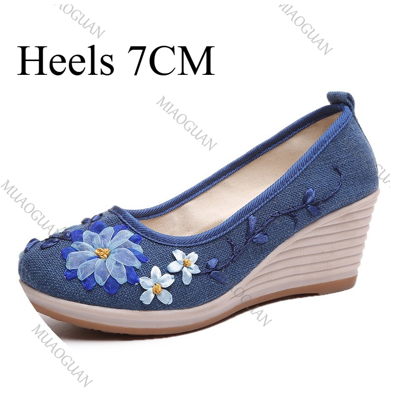 刺繍入り女性用コンフォートウェッジプラットフォームシューズ、 - Embroidery Canvas のレビューと価格