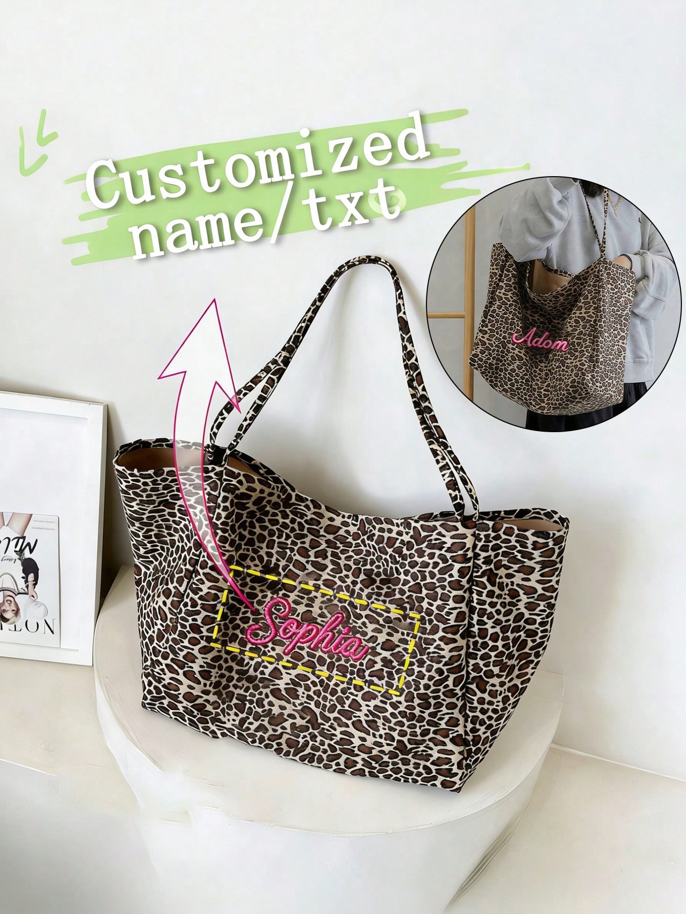 カスタム名ヒョウ柄トートバッグ女性大容量ショルダーバッグカジ - Embroidery Gift Ideas のレビューと価格
