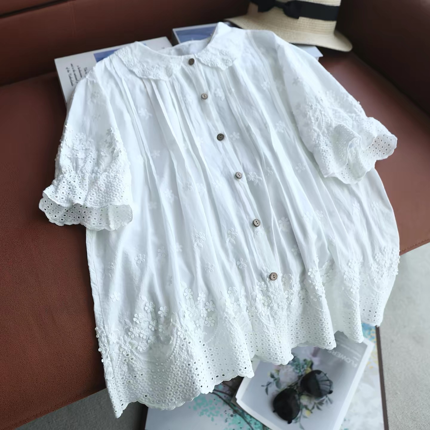2026年女性用レースピーターパンカラーブラウス、100％コ - Embroidery Eyelet のレビューと価格