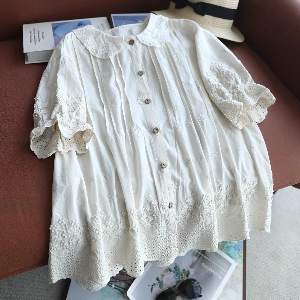 2026年女性用レースピーターパンカラーブラウス、100％コ - Embroidery Eyelet のレビューと価格
