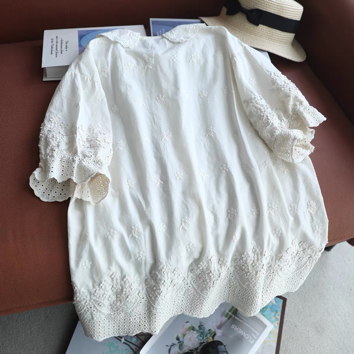 2026年女性用レースピーターパンカラーブラウス、100％コ - Embroidery Eyelet のレビューと価格