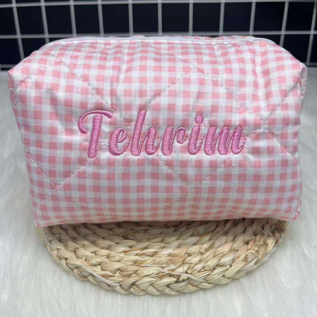 大容量ストライプ化粧品バッグ カスタムロゴと名前刺繍付き パ - Embroidery Logo のレビューと価格