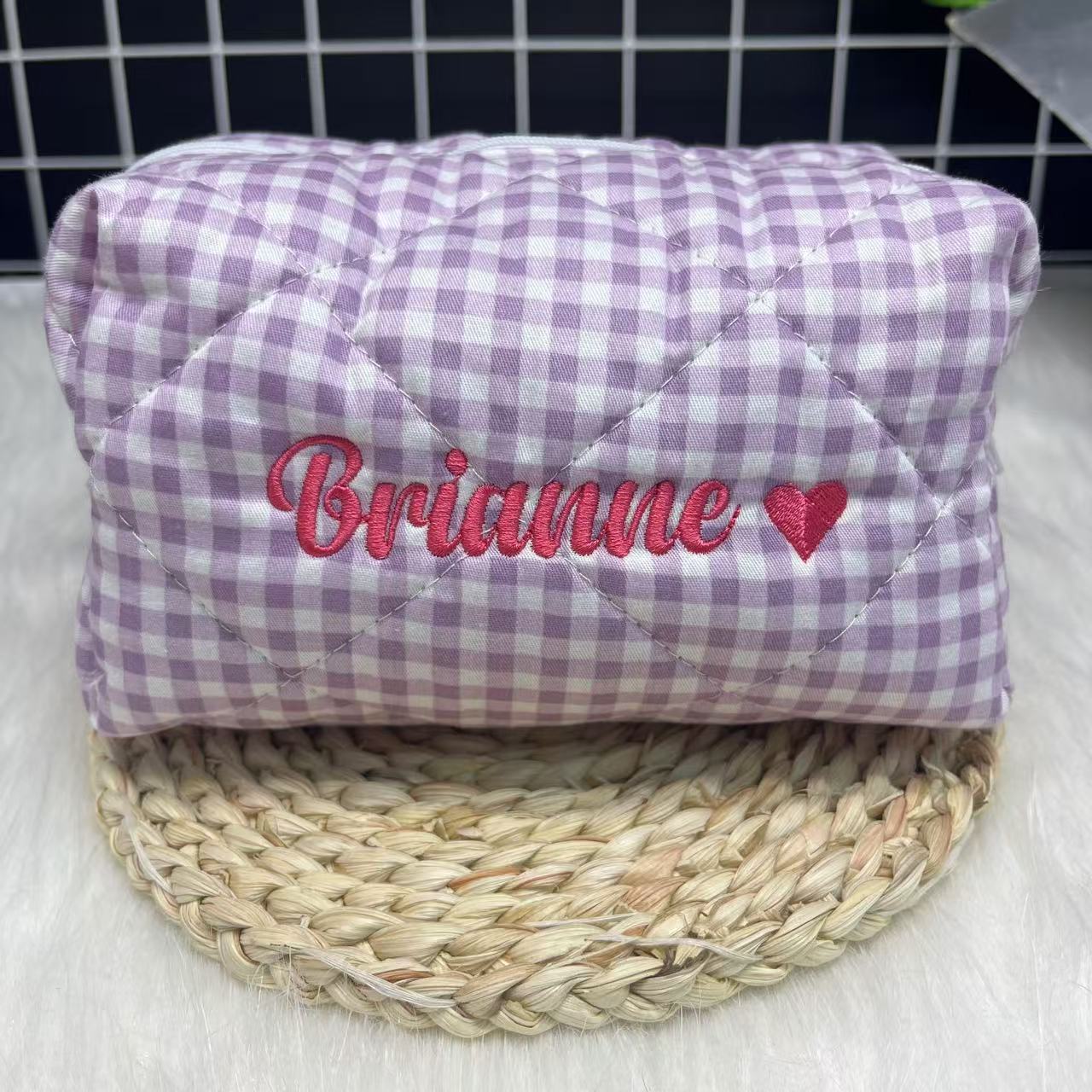 大容量ストライプ化粧品バッグ カスタムロゴと名前刺繍付き パ - Embroidery Logo のレビューと価格