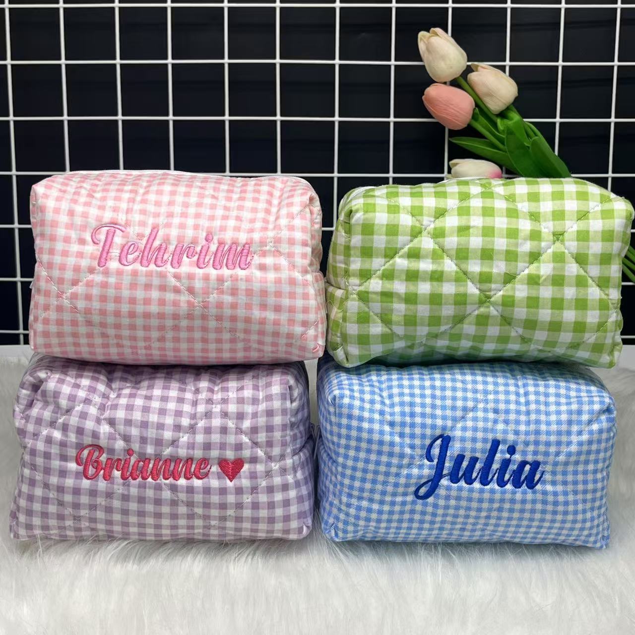 大容量ストライプ化粧品バッグ カスタムロゴと名前刺繍付き パ - Embroidery Logo のレビューと価格